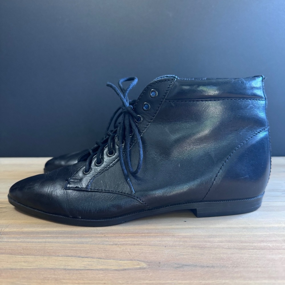 Vintage 90s Black Leather Granny Pixie Lace Up Ankle Boots 7.5 M